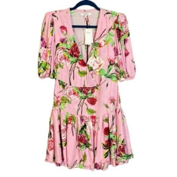 NWT AFRM Pink Joanna Smocked Waist Floral Mini Dress - Picture 2 of 7